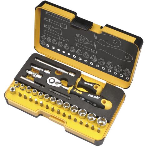 Werkzeugsatz 1/4 mit ERGONIC Ratsche, Bits, Steckschlüsseleinsätzen in XL-Strongbox, 36-teilig