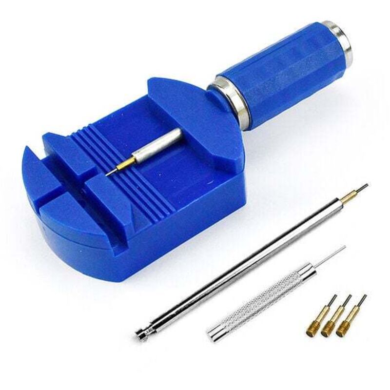 Image of Werkzeugsatz zur Reparatur von Uhrenarmbändern mit Stiften und Stahlfederdrücker, blau