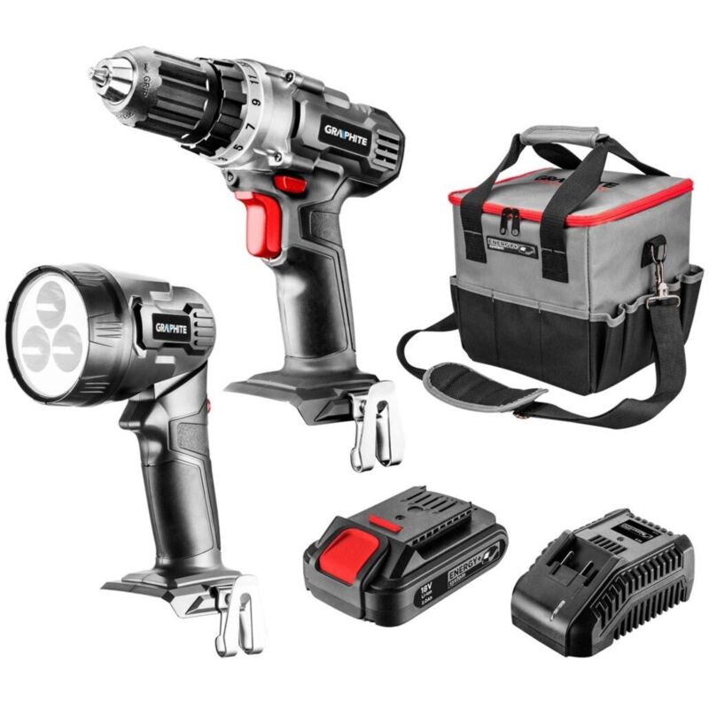 Graphite Akku-elektrowerkzeug-set, Bohrschrauber, Taschenlampe, Tasche, Energy+ 18v Akku, Li-ion 2, 0ah, Ladegerät