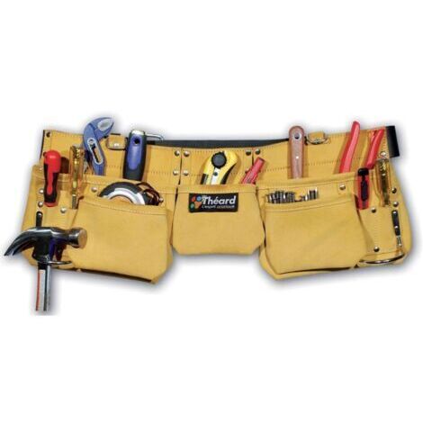 Werkzeugtasche aus Leder und Wildleder mit 9 Fächern – Integrierter Gürtel – 2 Hammerringe aus Metall – Verstellbare Schultergurte