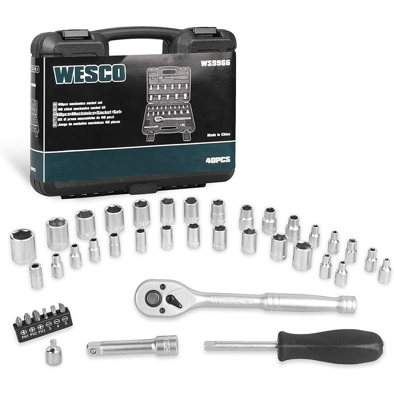 Wesco 40PCS Metric Socket Set, 1/4' and 3/8' Drive Ratchet Socket Tool Kit, WS9966