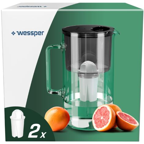 Wessper Caraffa Filtrante 2,5 litri, set di caraffa filtrante vetro con 2 filtri classic, caraffa acqua compatibile con Brita Classic, Dafi Classic -Nero