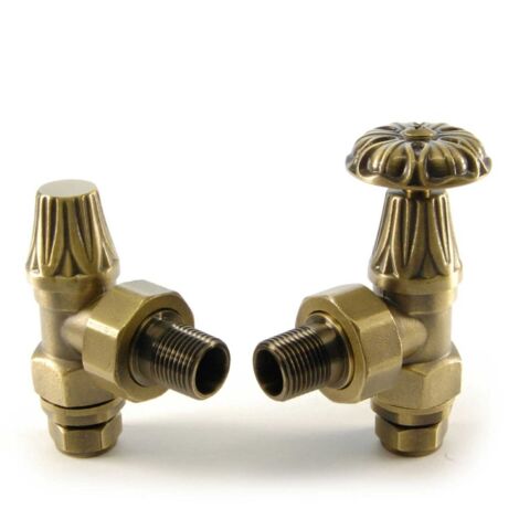 West Abbey Angled Manual Radiator Valve and Lockshield - Old English Brass
