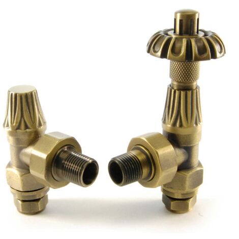 West Abbey Angled TRV Thermostatic Radiator Valve and Lockshield - Old English Brass