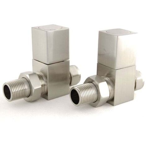 West Cubex Square Straight Radiator Valves Pair Satin Nickel