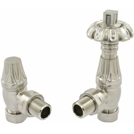 West Poppy TRV Angled Thermostatic Radiator Valve and Lockshield - Satin Nickel