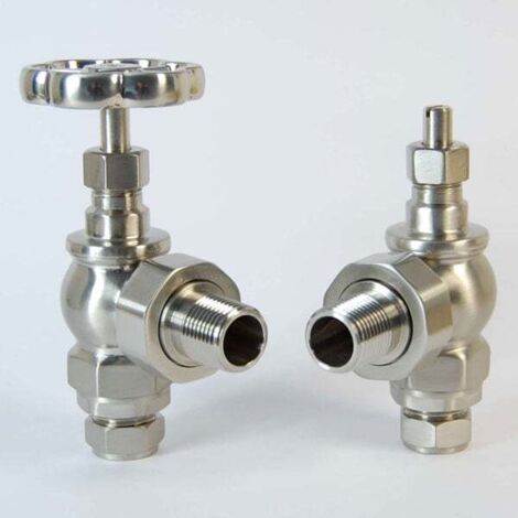 West Rosa Traditional Manual Radiator Valve and Lockshield Angled - Satin Nickel