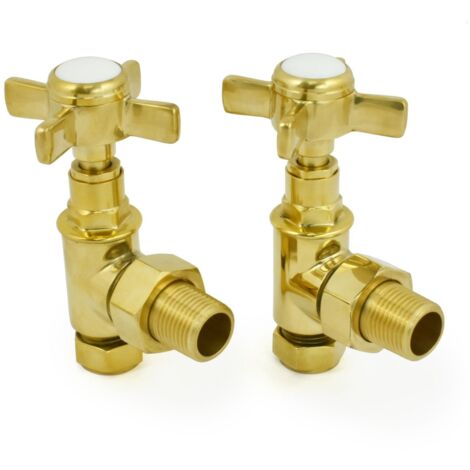 West Westminster Crosshead Angled Radiator Valves Pair Un-Lacquered Brass
