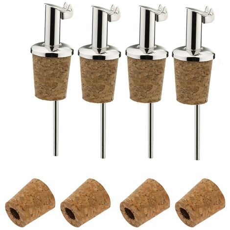 Westmark 4 Beccucci per Bottiglie di Liquori e Olio + 4 Tappi di Ricambio, Corti, Metallo/Acciaio Inossidabile, Tappi in Sughero Naturale, Inox Gastro, Argento, 457022E3