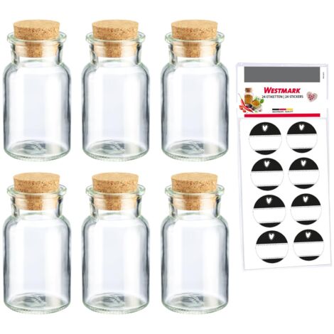 Westmark Set di Barattoli per Spezie con Tappi in Sughero, 6 pz. – Per spezie, erbe e tè – Incluse 8 etichette decorative – Trasparenti, 150 ml