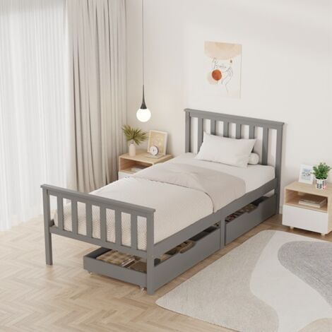 WestWood Wood Single Bed Frame with Pull Out Storage Drawers Kids Adults Grey