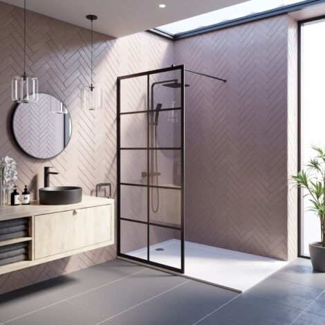 Wet Room Screen Walk In Enclosure 8mm Grid Glass Frameless Black 900mm