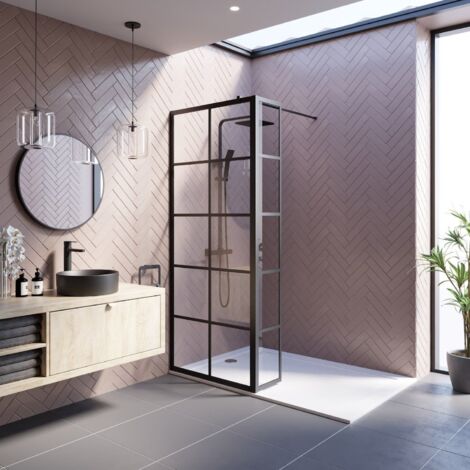 Wet Room Screen Walk In Enclosure 8mm Grid Glass Return Panel Black 800mm