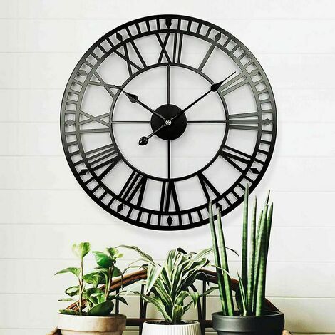 JUNJUN Wetterfeste Gartenuhr, Retro-Vintage-Stil, römische Ziffern, einfache Eisenarbeit, geräuschlos, batteriebetrieben, Outdoor-Uhr, 40 cm