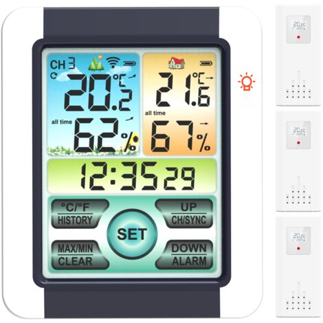 Wetterstation für den Innen- und Außenbereich mit Farb-Touchscreen, Schlummerfunktion, Temperatur- und Feuchtigkeitsanzeige in °C/°F sowie historischen Daten.