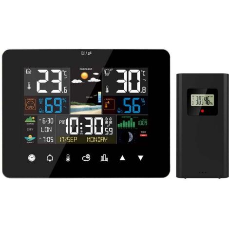 Wetterstation für Sonnenaufgang und Sonnenuntergang, Multifunktions-Wecker, Thermometer, Hygrometer, Touchscreen-Bedienung mit kabellosem Außensensor, Schwarz, von DEBUNS