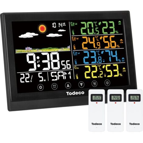 TODECO Wetterstation Funk mit 3 Außensensor - Groß Farbdisplay, Innen Aussen Digital Thermometer,Hydrometer Feuchtigkeit, Wettervorhersage, Luftdurckanzeige, DCF Empfangssignal Funkuhr