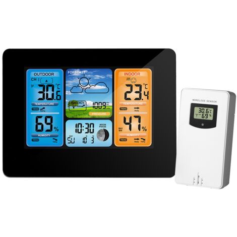 Wetterstation mit Atomuhr – Kabelloses Innen-/Außenthermometer mit Hygrometer (bis 60 m Reichweite), Wettervorhersage und Barometer, HD-LCD-Bildschirm