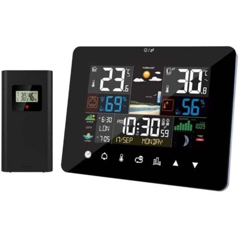 Wetterstation mit drahtlosem Innen-/Außensensor, Sonnenaufgangs-/Sonnenuntergangs-Wetterstation, Wecker, Thermometer, Hygrometer, Touchscreen-Bedienung mit drahtlosem Außensensor