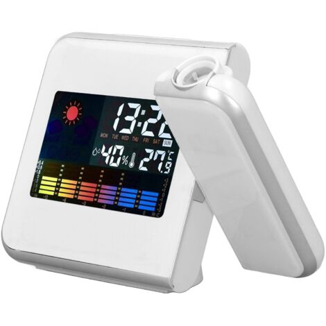Wetterstation mit Projektion – Farb-LCD-Digitaluhr, Temperatur- und Luftfeuchtigkeitsanzeige, Wecker mit Schlummerfunktion, LED-Hintergrundbeleuchtung, kabellos, weiß