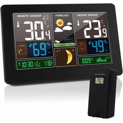 Wetterstation Thermometer Hygrometer Barometer Innen Außen mit Sensor LED-Bildschirm, Hintergrundbeleuchtung Digitaluhr Anzeige Uhrzeit Datum Tag Mondphase (Schwarz)