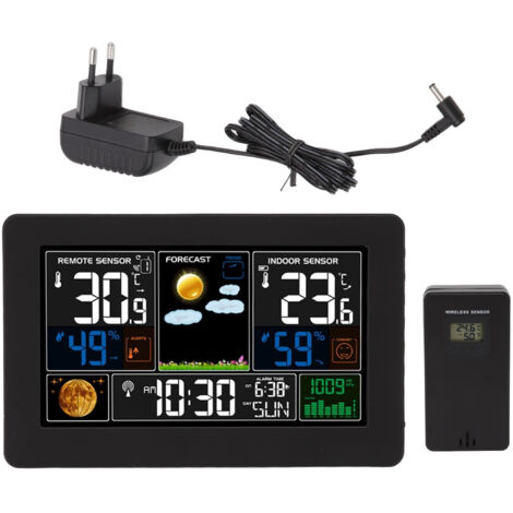 Wetteruhr mit großem Farbdisplay – Multifunktionale Anzeige für Innen- und Außenbereich – Anzeige von Temperatur, Luftfeuchtigkeit und Luftdruck – EU-Stecker 100–240 V