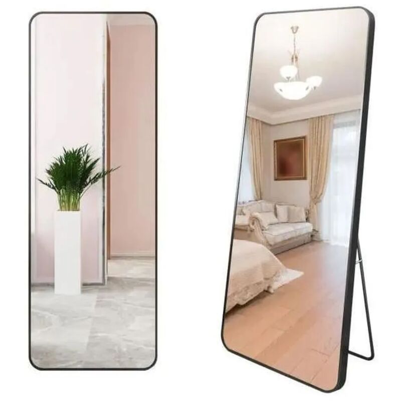 Wevalley - 137 x 37 cm Miroir sur Pied, Miroir de Sol, Miroirs muraux, Miroir Autoportant, Alliage d'Aluminium avec Cadre-Noir