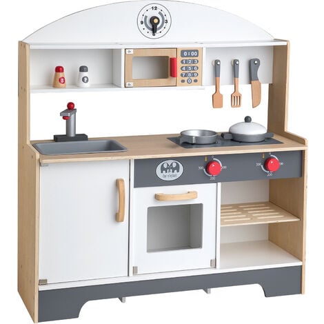 WEVALLEY Wevally Cuisine Enfant en Bois, Jouet d'Imitation pour Enfant, 7 Accessoires Inclus, Dès 3 ans, Blanc et Gris