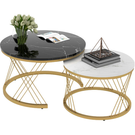 WF300416BAA) Moderne Nesting Couchtisch, Couchtisch Satz Marmor Furnier Sofa Seite Nest von Tischen Runde Endtische, Satz von 2, Goldene Farbe Frame