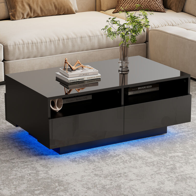Table basse noire brillante avec 4 tiroirs, table de salon avec éclairage LED, pour salon, chambre à coucher, 95x55x35 cm