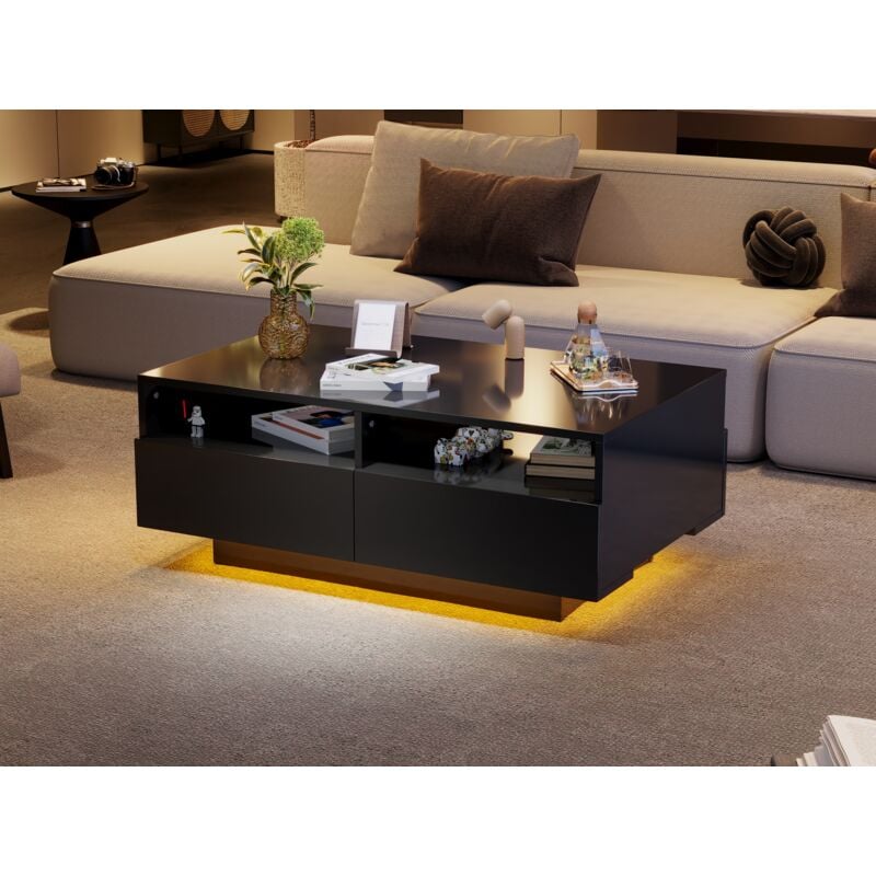 Redom - WF323712BAA)Table basse led brillante avec 4 tiroirs, table de canapé, table de salon, table centrale moderne avec 16 couleurs de lumières