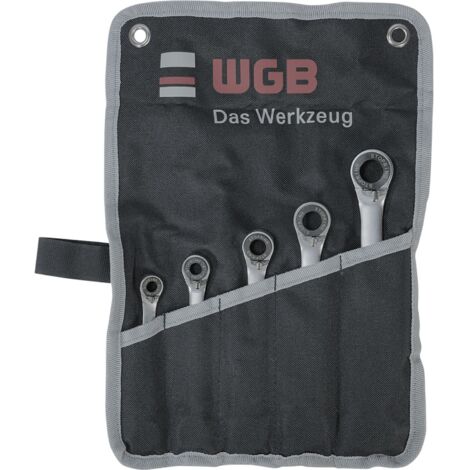 WGB Doppelring-Ratschenschlüsselsatz 295 RT/5 - 5-teilig, gekröpft, verchromt, Stopring, Rolltasche, Chrom-Vanadium Stahl