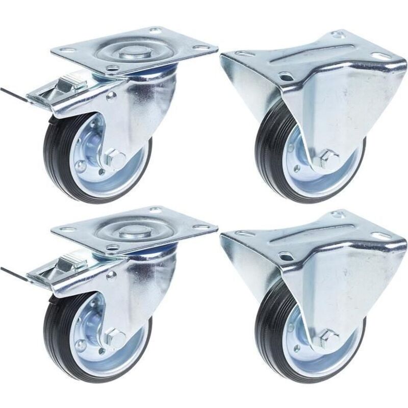 Wheel - 80 mm - Fixed - Capacity 280 kg - Set of 4 rubber casters