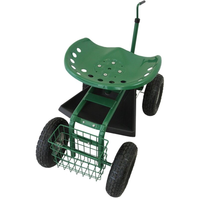 Monster Shop - Wheeled Garden Cart Seat Heavy Duty Swivel Mobile Tool Tray Utility Basket Gardening Landscape Weeding Outdoor Work Stool