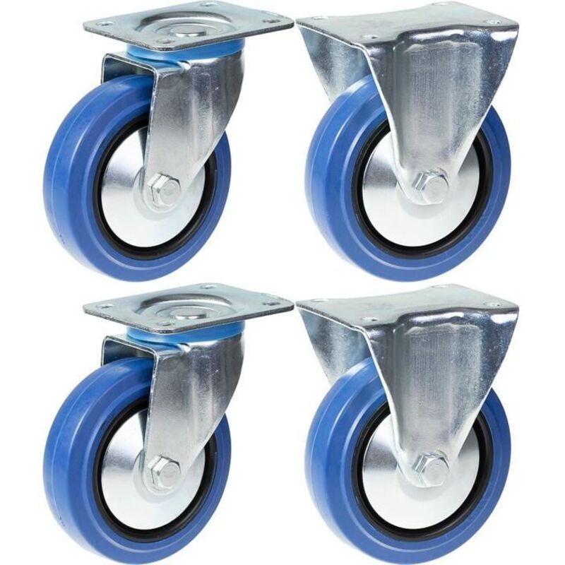 Wheels - 125 mm - Blue rubber - Set of 4 - Swivel and fixed