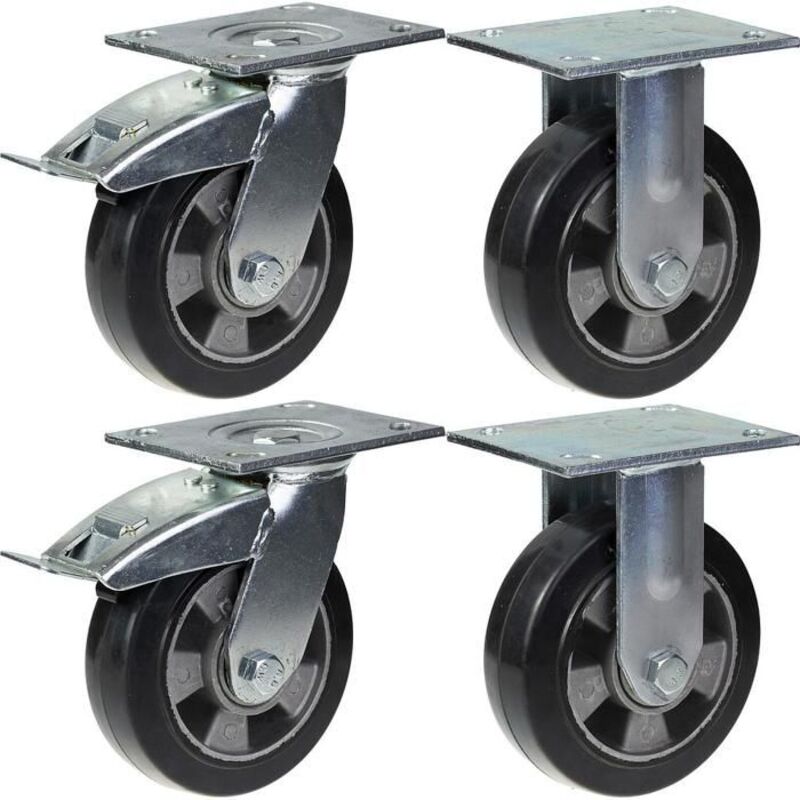 Wheels - 152mm - Black Rubber - Set of 4 - Swiveling with Brake