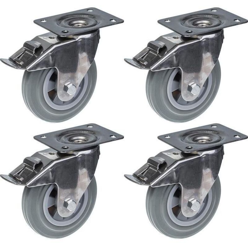 Wheels - 160 mm - Stainless steel - Grey rubber - Swiveling with brake