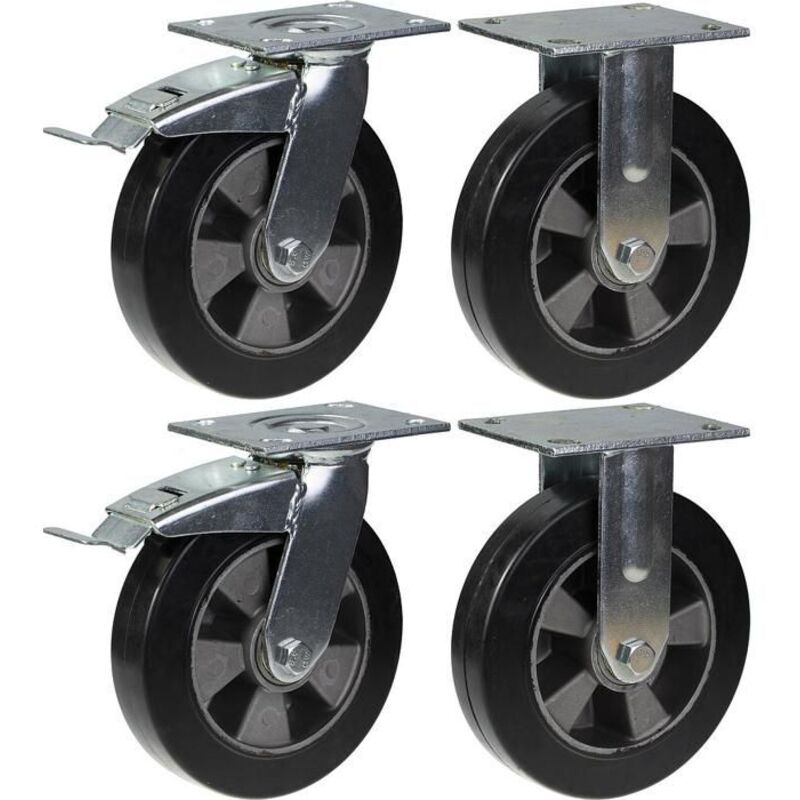 Wheels - 200 mm - Black rubber - Capacity 1800 kg - Pack of 4