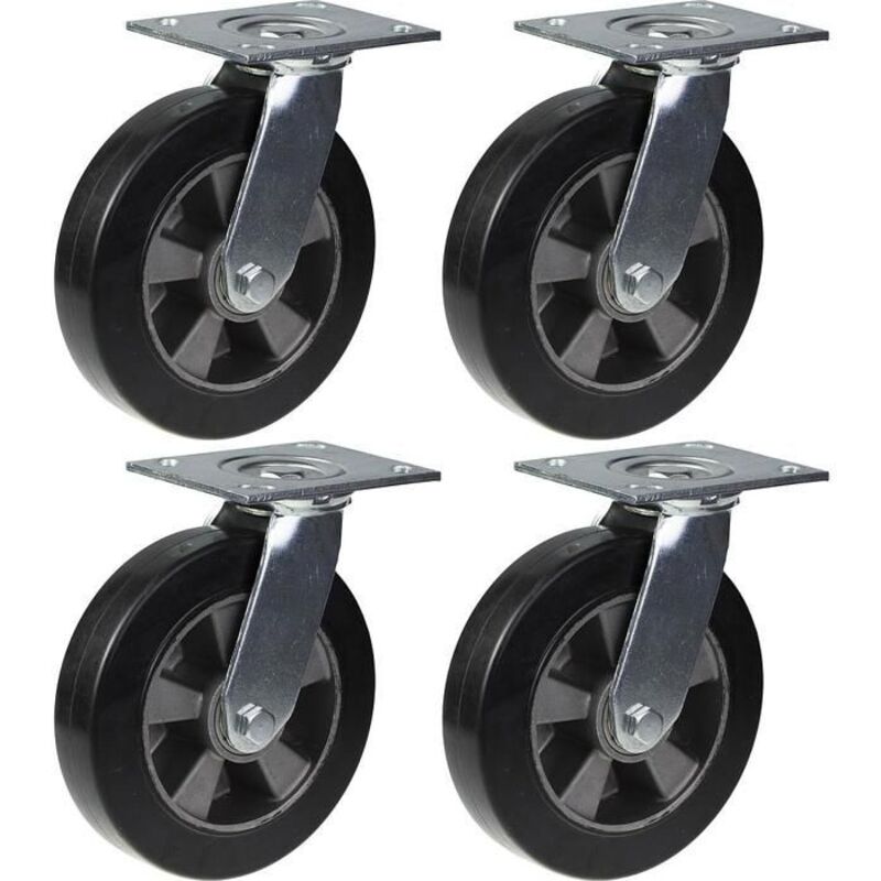 Wheels - 200 mm - Black rubber - Swivel - Set of 4