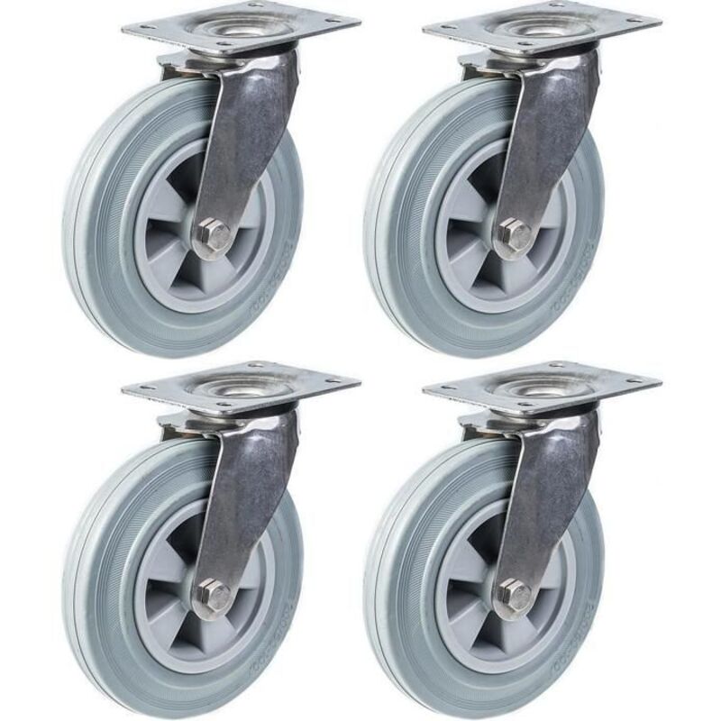 Wheels - 200 mm - Stainless steel - Grey rubber - Set of 4