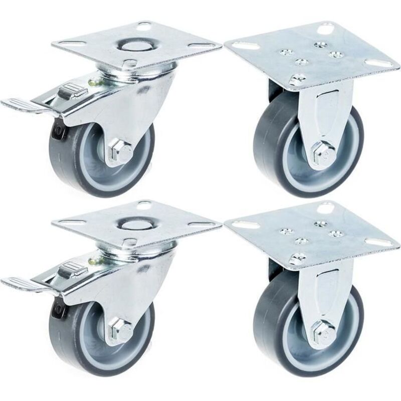 Wheels - 50 mm - Grey rubber - Set of 4 - Swivel with brake