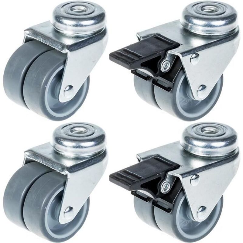 Wheels - 50mm - Grey rubber - Set of 4 - Swivel with brake