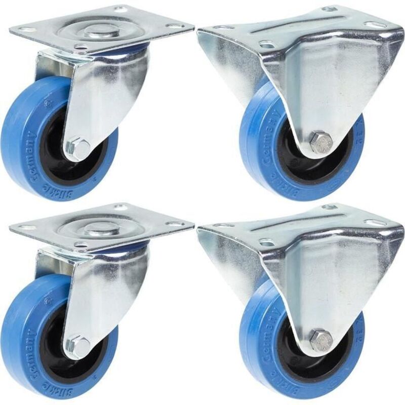 Wheels - 80 mm - Blue rubber - Capacity 560 kg - Set of 4