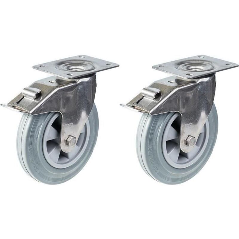 Wheels - Construction Material - 200 mm - Stainless Steel - Solid Rubber - Set of 2
