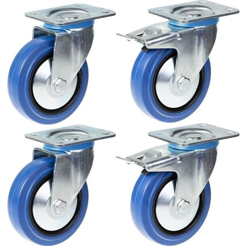 Wheels - PARNELLS - Set of 4 - Blue rubber - Swivel - Capacity 800 kg