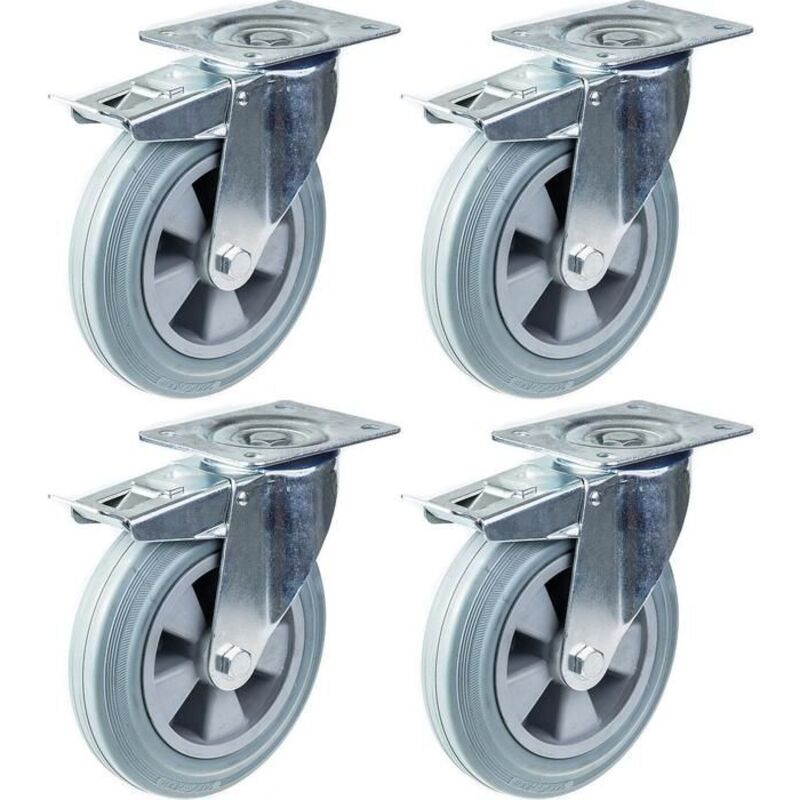 Wheels - Rubber - 200 mm - Swivel with brake - Capacity 820 kg - Set of 4