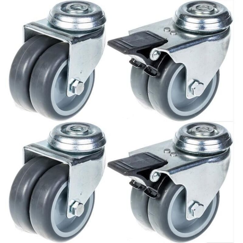Wheels - Rubber - 75mm - Pack of 4 - Capacity 400kg - With brake