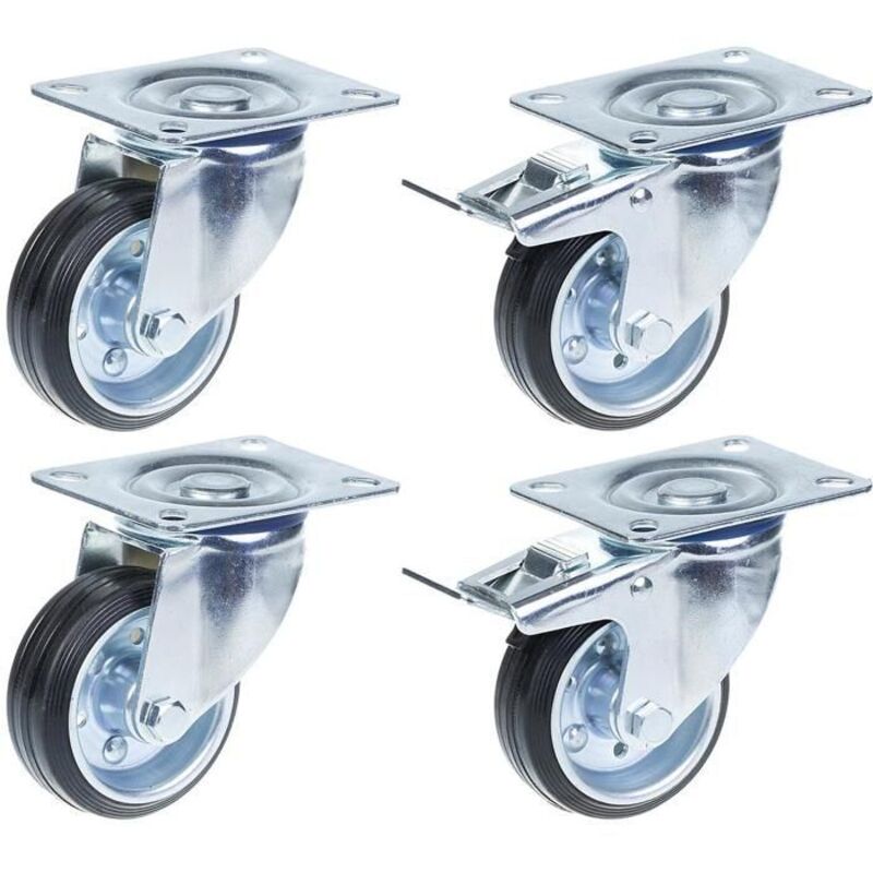 Wheels - Rubber - 80mm - Set of 4 - Swiveling with brake - Capacity 280 kg