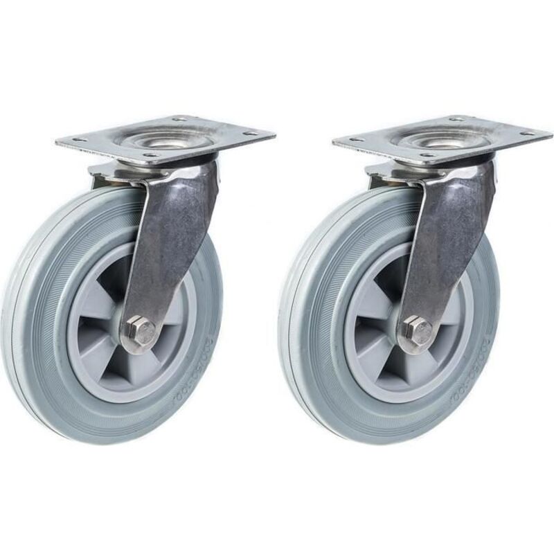 Wheels - Stainless Steel - 200 mm - Grey Rubber - Pack of 2 - Swivel