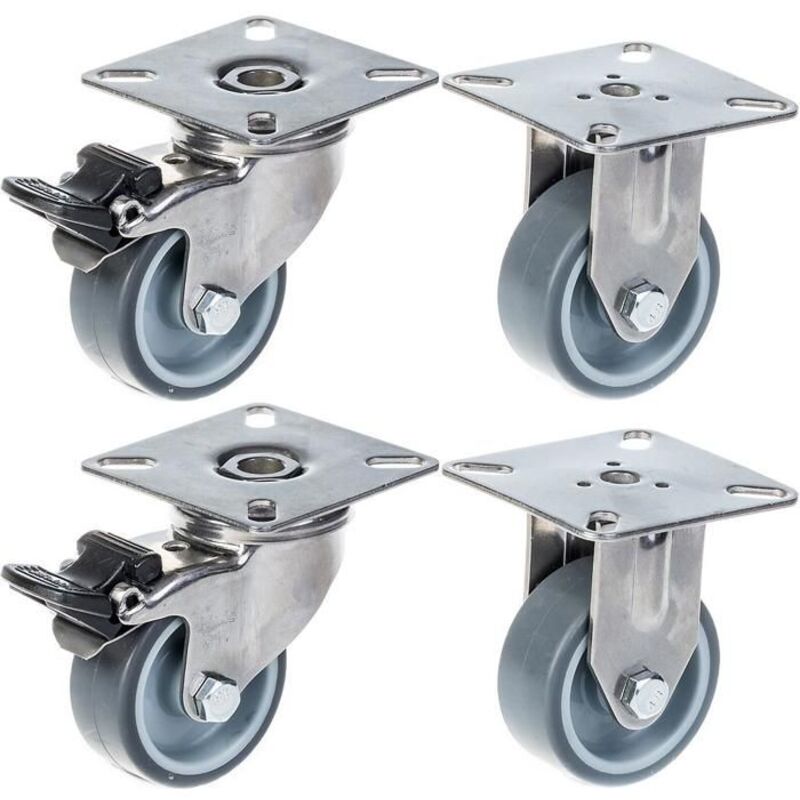 Wheels - Stainless Steel - 50 mm - Gray Rubber - Brake - Fixed and Swivel - Set of 4